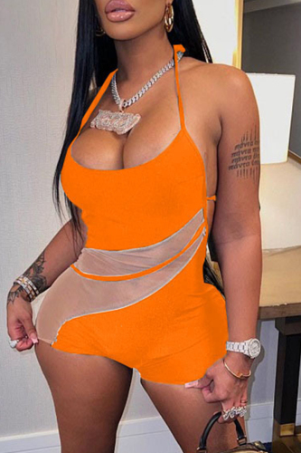 Orange Fashion Sexy Patchwork Bandage Backless Halter Skinny Romper