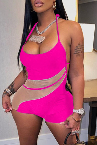 Rose Red Fashion Sexy Patchwork Bandage Backless Halter Skinny Romper