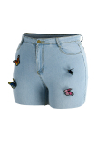 Light Blue Fashion Casual Butterfly Basic Skinny High Waist Plus Size Denim Shorts