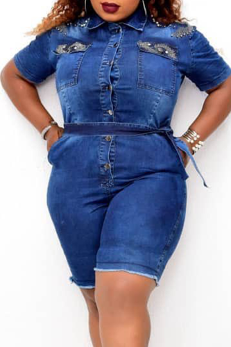 Colorful Blue Sexy Solid Hot Drill Turndown Collar Plus Size Jumpsuits