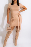 Apricot Sexy Solid Bandage Patchwork Fold O Neck Pencil Skirt Dresses