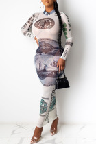Grey Fashion Sexy Adult Print Patchwork See-through O Neck Long Sleeve Ankle Length Printed Dress Dresses