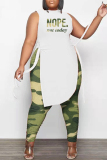 Green Fashion Casual Print Hollowed Out Slit O Neck Sleeveless Two Pieces