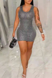 Grey Fashion Sexy Solid Sequins Patchwork O Neck Vest Dress