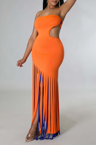 Tangerine Red Sexy Solid Patchwork Strapless Irregular Dress Dresses