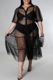 Black Fashion Sexy Plus Size Solid Patchwork See-through Turndown Collar Mesh Dress