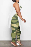 Green Fashion Casual Print Hollowed Out Slit O Neck Sleeveless Two Pieces