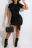Army Green Sexy Solid Bandage Patchwork Fold O Neck Pencil Skirt Dresses