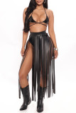Black Fashion Sexy Solid Tassel Bandage Backless Halter Sleeveless Two Pieces