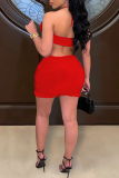 Red Fashion Sexy Solid Bandage Backless Strapless Sleeveless Two Pieces