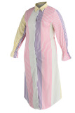 Purple Casual Striped Print Patchwork Buckle Turndown Collar Plus Size Dresses