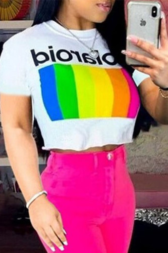 White Fashion Casual Print Basic O Neck T-Shirts