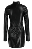 Black Fashion Sexy Solid Patchwork Slit Half A Turtleneck Long Sleeve Dresses