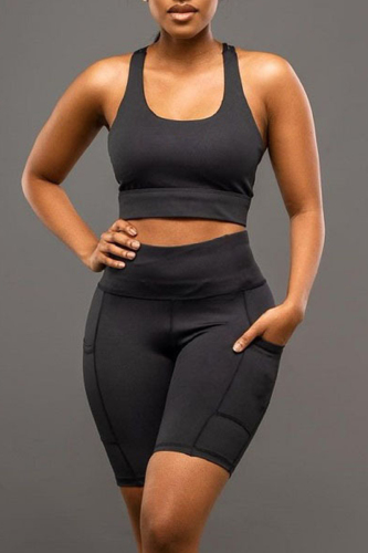 Black Sexy Casual Sportswear Solid Backless U Neck Sleeveless Two Pieces