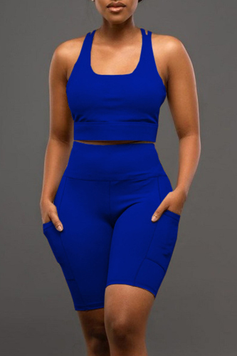 Blue Sexy Casual Sportswear Solid Backless U Neck Sleeveless Two Pieces