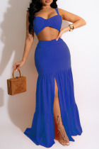 Blue Sexy Solid Split Joint Spaghetti Strap Sleeveless Two Pieces