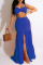 Blue Sexy Solid Patchwork Spaghetti Strap Sleeveless Two Pieces