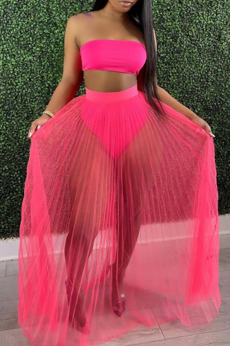 Rose Red Fashion Sexy Solid Patchwork Backless Strapless Sleeveless Two Pieces Swimwears