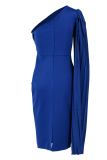 Blue Fashion Sexy Solid Patchwork Oblique Collar Pencil Dresses
