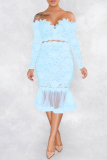 Light Blue Sexy Patchwork Embroidered Backless Off the Shoulder Long Sleeve Dresses