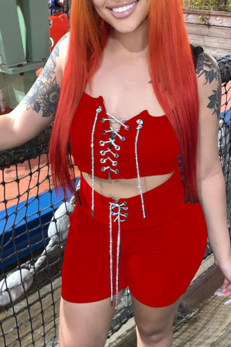 Red Sexy Casual Solid Bandage Spaghetti Strap Sleeveless Two Pieces
