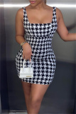 Black And White Sexy Casual Print Backless Square Collar Vest Dress