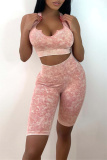 Pink Casual Sportswear Print Backless U Neck Sleeveless Two Pieces