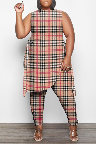 Red Casual Plaid Patchwork O Neck Plus Size Two Pieces