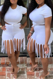 White Fashion Casual Solid Tassel O Neck Short Sleeve Two Pieces
