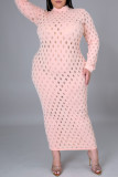 Pink Sexy Solid Hollowed Out See-through Half A Turtleneck Long Sleeve Plus Size Dresses