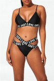 Black Fashion Sexy Letter Print Hollowed Out Patchwork Backless Swimwears (With Paddings)