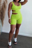 Fluorescent Green Sexy Casual Solid Hollowed Out Backless U Neck Skinny Romper
