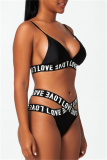 Black Fashion Sexy Letter Print Hollowed Out Patchwork Backless Swimwears (With Paddings)
