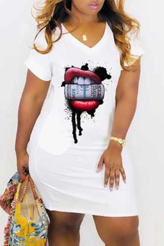 White Fashion Casual Print Basic V Neck Short Sleeve Dress