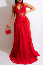 Red Fashion Sexy Solid Hollowed Out Backless Half A Turtleneck Evening Dress