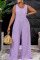 Purple Casual Solid Patchwork Frenulum Backless O Neck Straight Jumpsuits