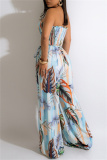 Blue Fashion Sexy Print Backless Strapless Regular Jumpsuits