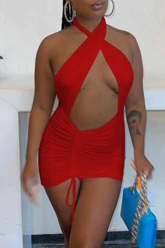 Red Sexy Solid Hollowed Out Patchwork Halter Pencil Skirt Dresses