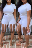 White Fashion Casual Solid Tassel O Neck Short Sleeve Two Pieces