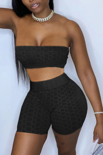 Black Sexy Solid Patchwork Strapless Sleeveless Two Pieces