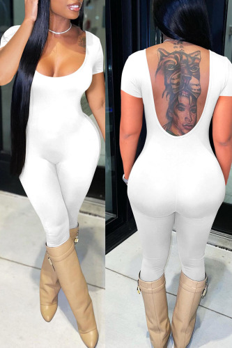 White Sexy Solid Patchwork Backless U Neck Regular Jumpsuits