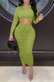 Green Sexy Casual Solid Fold O Neck Long Sleeve Two Pieces