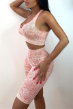 Pink Casual Sportswear Print Backless U Neck Sleeveless Two Pieces