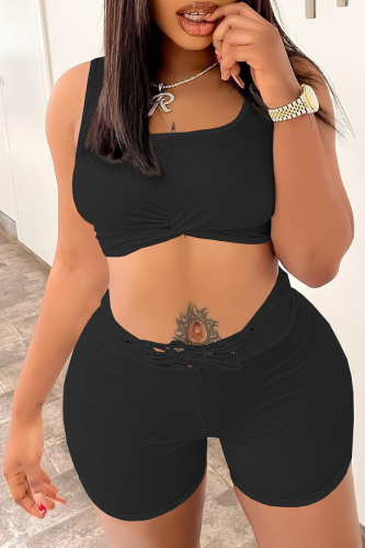 Black Sexy Casual Solid Bandage Backless U Neck Sleeveless Two Pieces