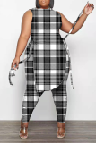 Red Casual Plaid Patchwork O Neck Plus Size Two Pieces