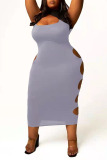 Light Blue Sexy Solid Hollowed Out Patchwork O Neck One Step Skirt Plus Size Dresses