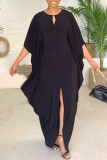 Black Fashion Casual Solid Hollowed Out O Neck Irregular Dress