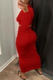 Red Sexy Casual Solid Fold O Neck Long Sleeve Two Pieces