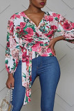 Pink Casual Sweet Bandage Patchwork V Neck Plus Size Tops