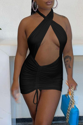 Black Sexy Solid Hollowed Out Patchwork Halter Pencil Skirt Dresses